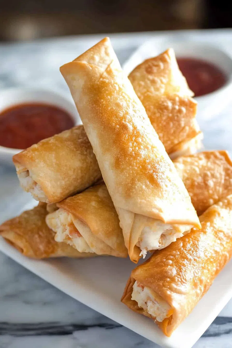 Crispy and golden crab rangoon egg rolls filled with creamy crab mixture, served with sauce on the side.