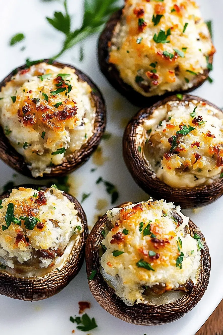 Golden-brown stuffed mushrooms arranged on a serving platter.