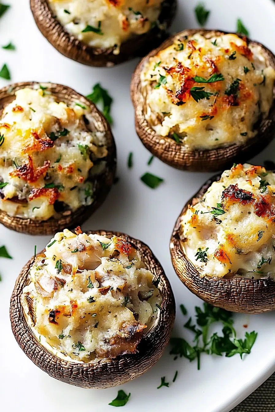A plate of golden-brown crab-stuffed mushrooms garnished with fresh parsley.