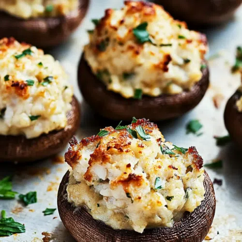Close-up of a stuffed mushroom showing the creamy crab filling topped with melted cheese.