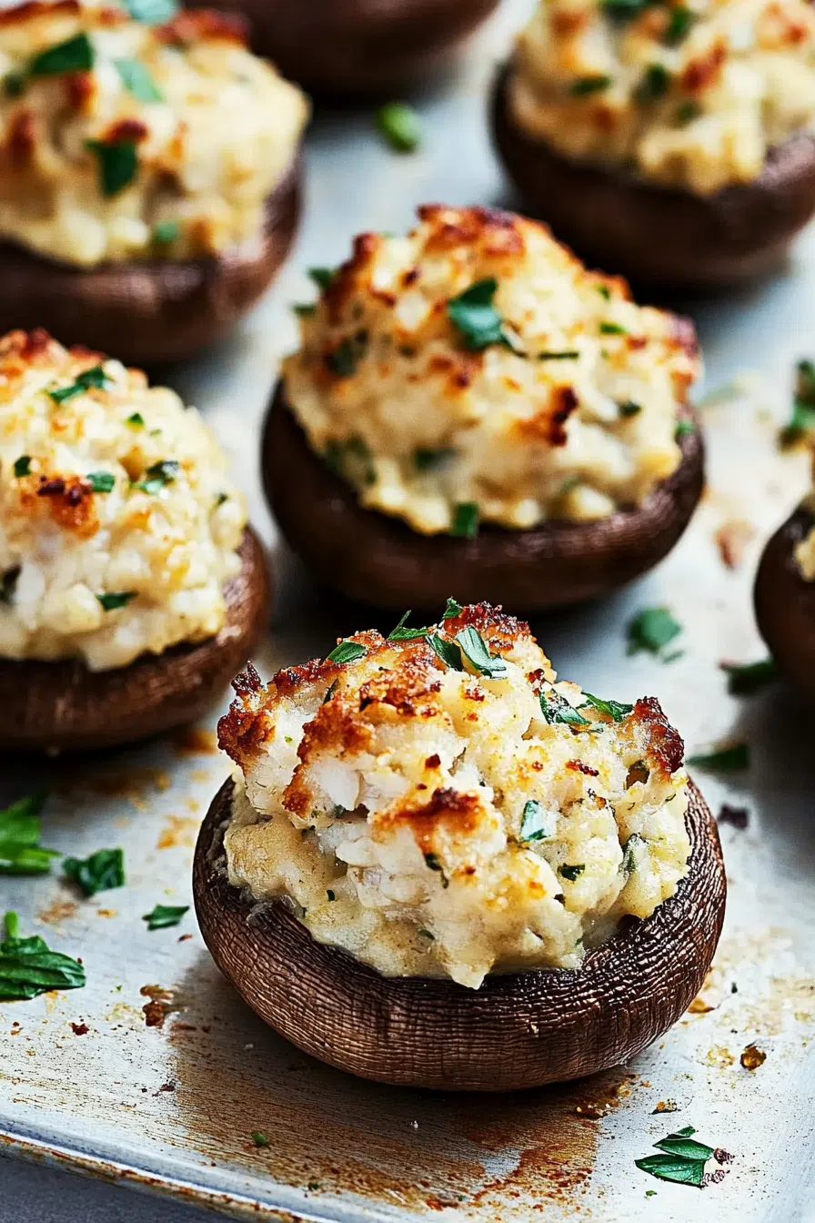 Close-up of a stuffed mushroom showing the creamy crab filling topped with melted cheese.
