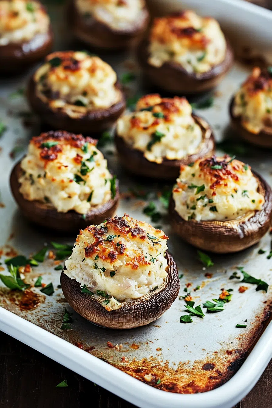 Appetizer plate with stuffed mushrooms garnished with fresh herbs.