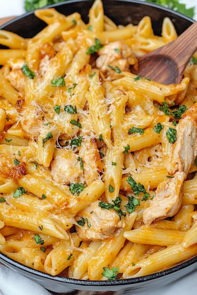 A creamy pasta dish with tender chicken pieces and a rich, cheesy sauce.