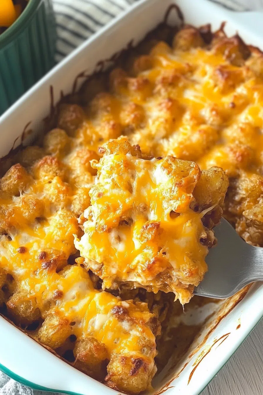 A close-up of a baked breakfast casserole with a golden-brown top layer of tater tots, sprinkled with chopped bacon and green onions.