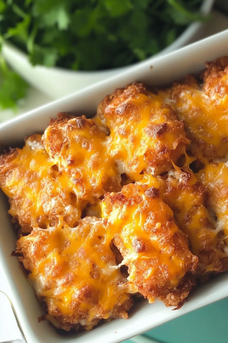 An individual serving of breakfast casserole on a plate, highlighting the crispy tater tots and creamy filling with a sprinkle of cheddar cheese.