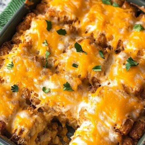 An overhead shot of the entire casserole in a baking dish, showcasing the evenly browned tater tots and bits of bacon throughout.