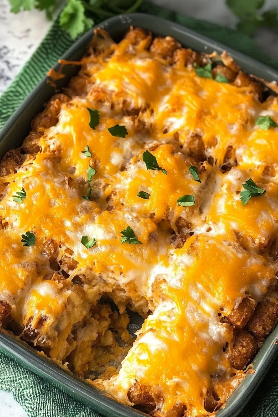 An overhead shot of the entire casserole in a baking dish, showcasing the evenly browned tater tots and bits of bacon throughout.