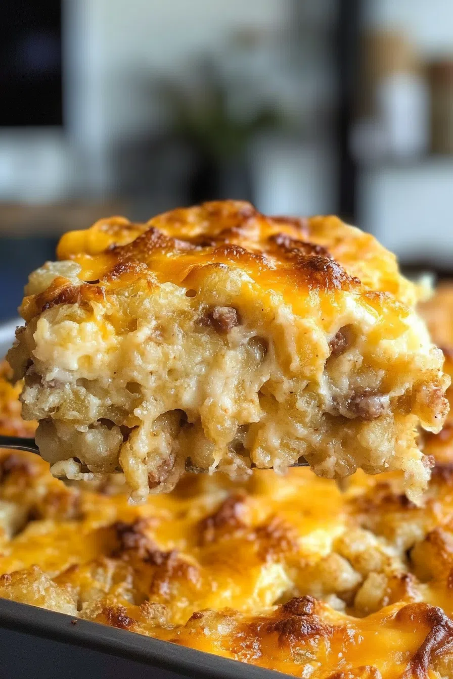 A side view of a cut slice of the casserole, revealing layers of tater tots, bacon, green onions, and melted cheese.