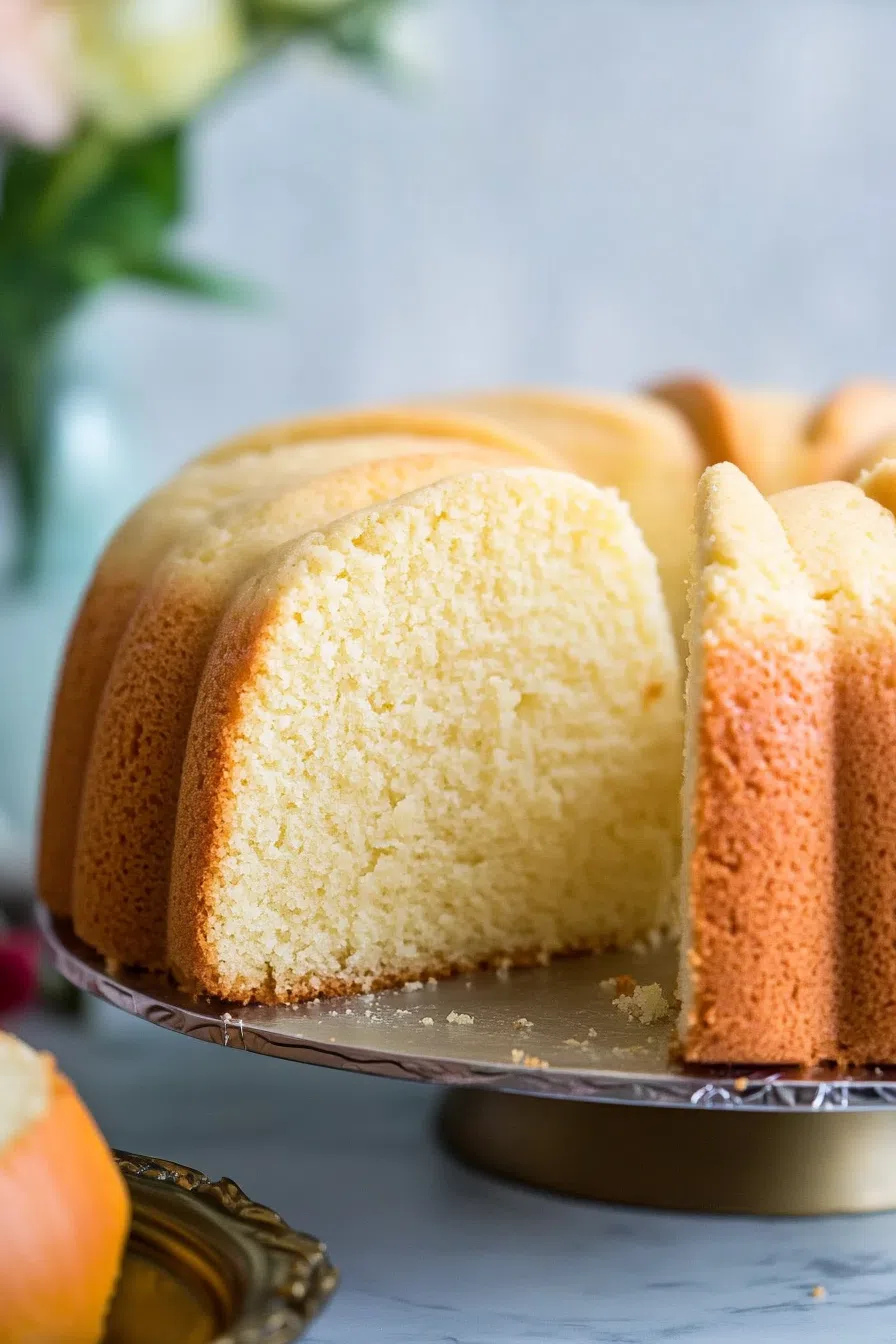 Close-up of a cream cheese pound cake slice highlighting its moist interior and golden crust.