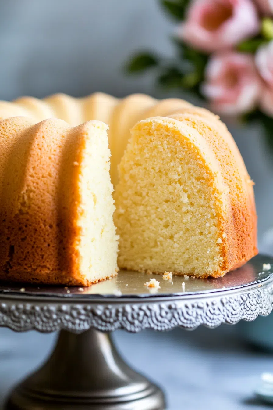 A slice of cream cheese pound cake with a soft, dense crumb displayed on a serving plate.