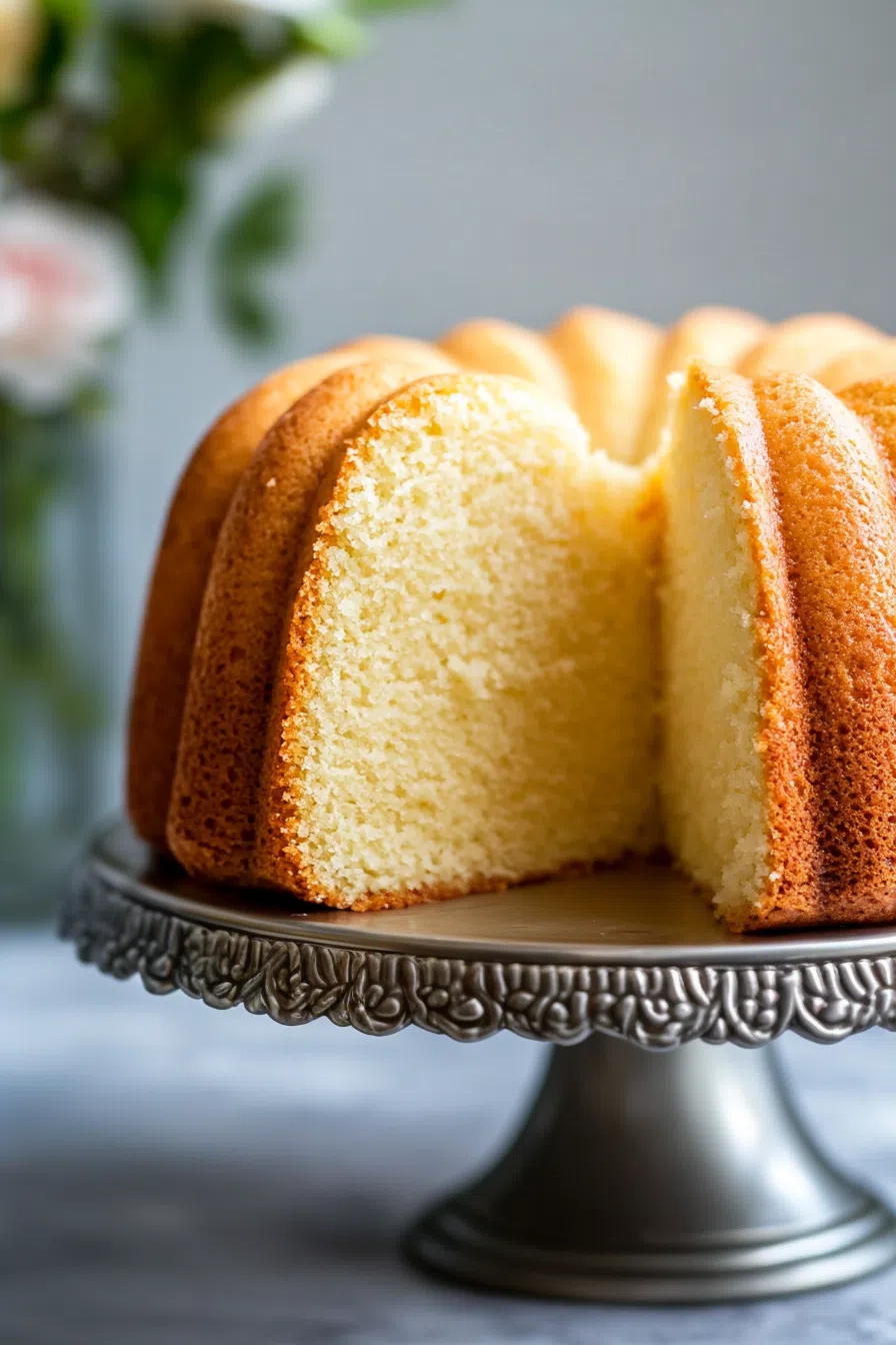 A whole cream cheese pound cake on a cake stand, elegantly presented with a vintage backdrop.