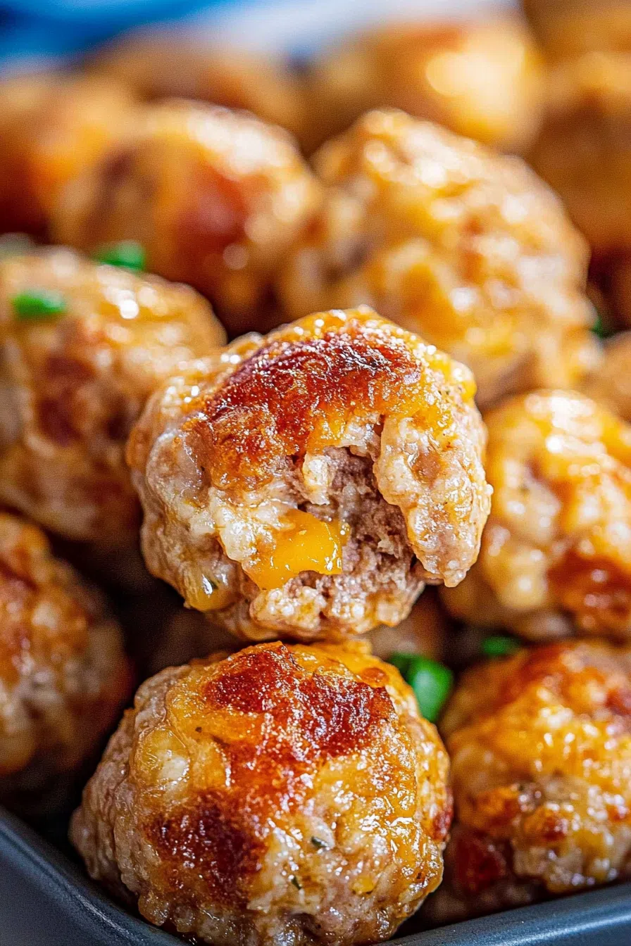 Golden brown sausage balls with a creamy center.