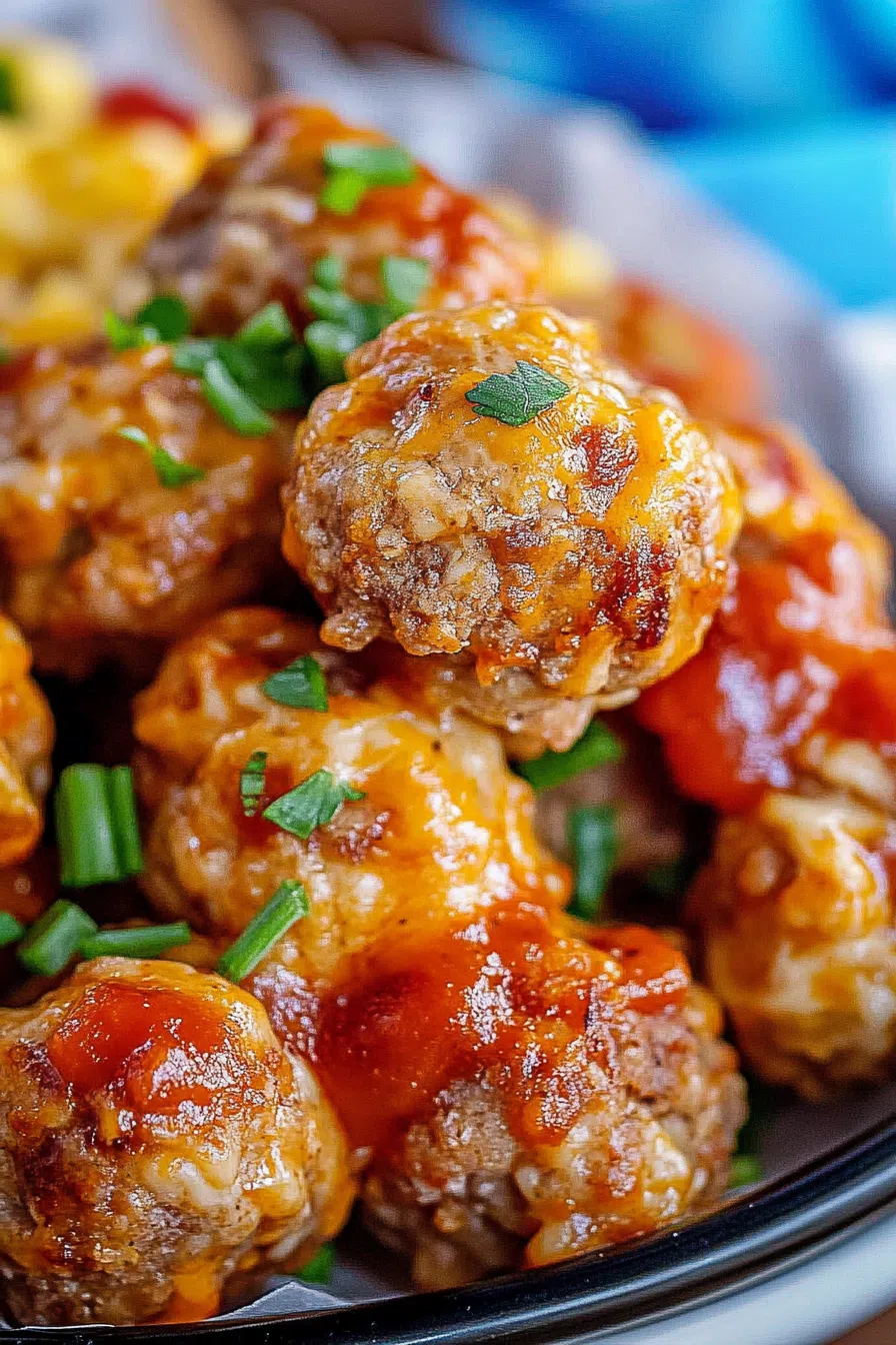 A mouthwatering serving of sausage balls with a glaze of sauce.
