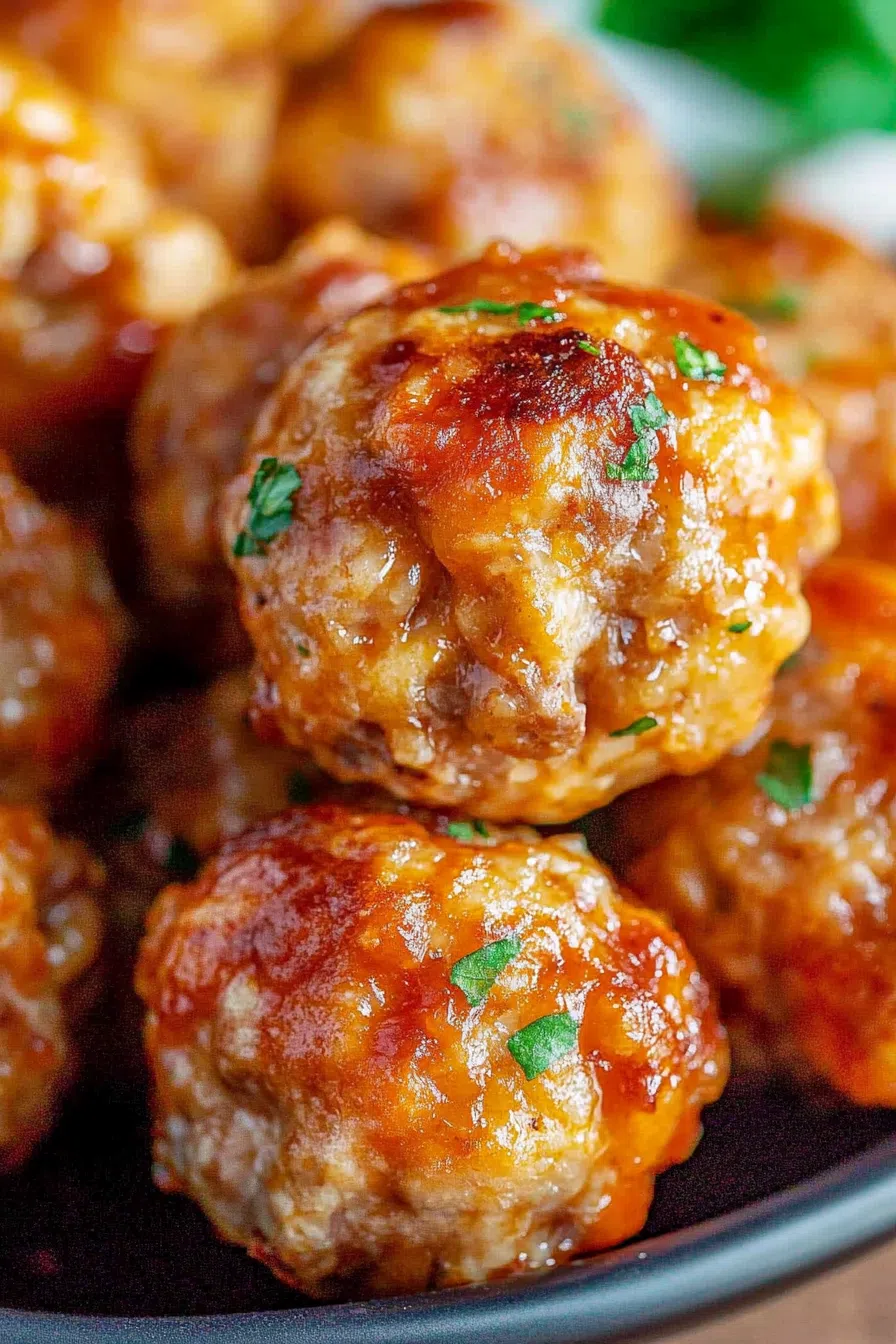 Close-up of crispy sausage balls on a plate.