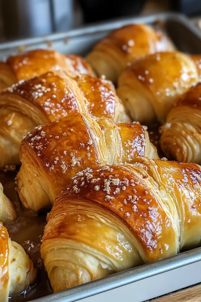 Close-up of flaky pastry wrapped around spiced apple slices, baked to perfection.