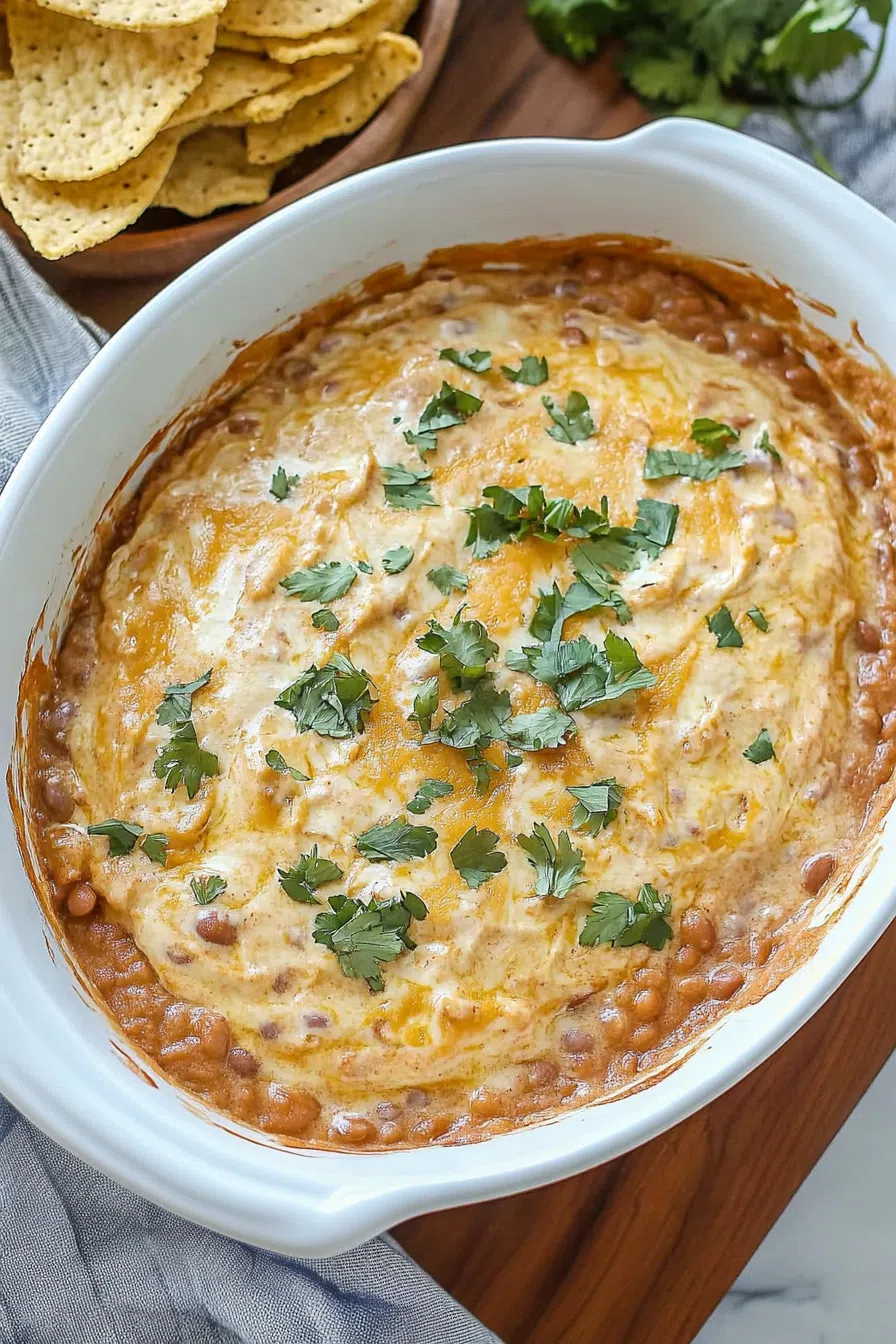 A bowl of creamy bean dip with a garnish of fresh cilantro and a side of tortilla chips.