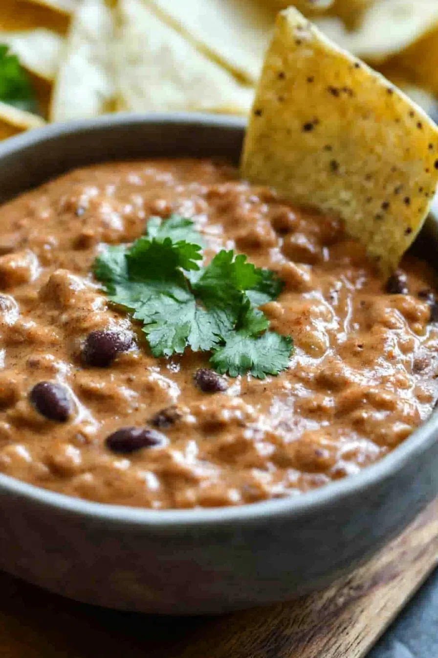 Warm, cheesy dip served with tortilla chips for dipping.
