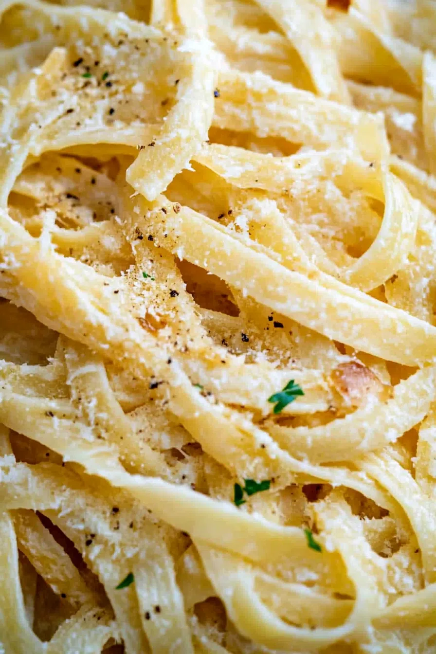 Golden, glistening fettuccine with a sprinkle of herbs.