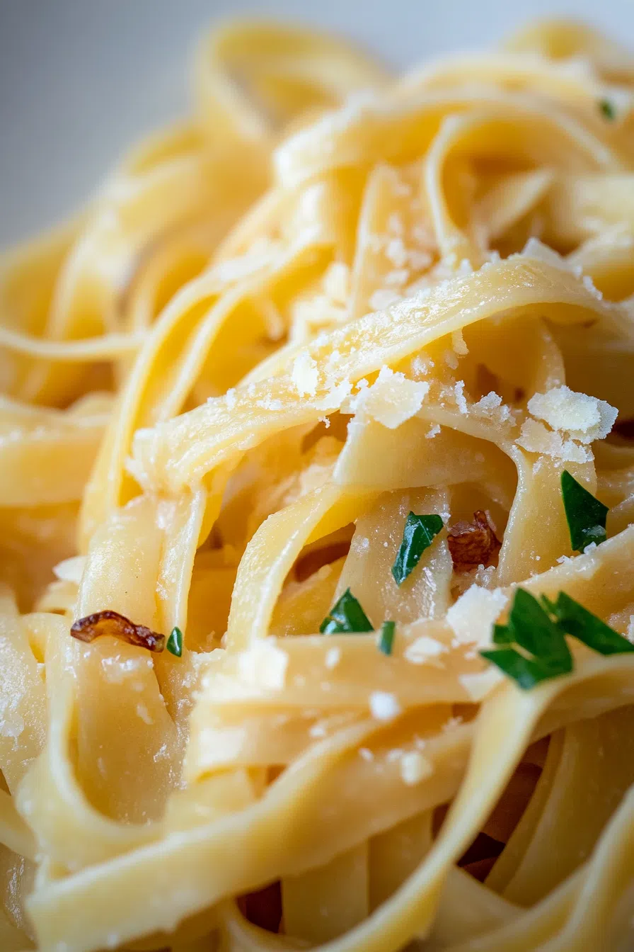 A plate of fettuccine tossed in garlic and olive oil, garnished with fresh parsley.