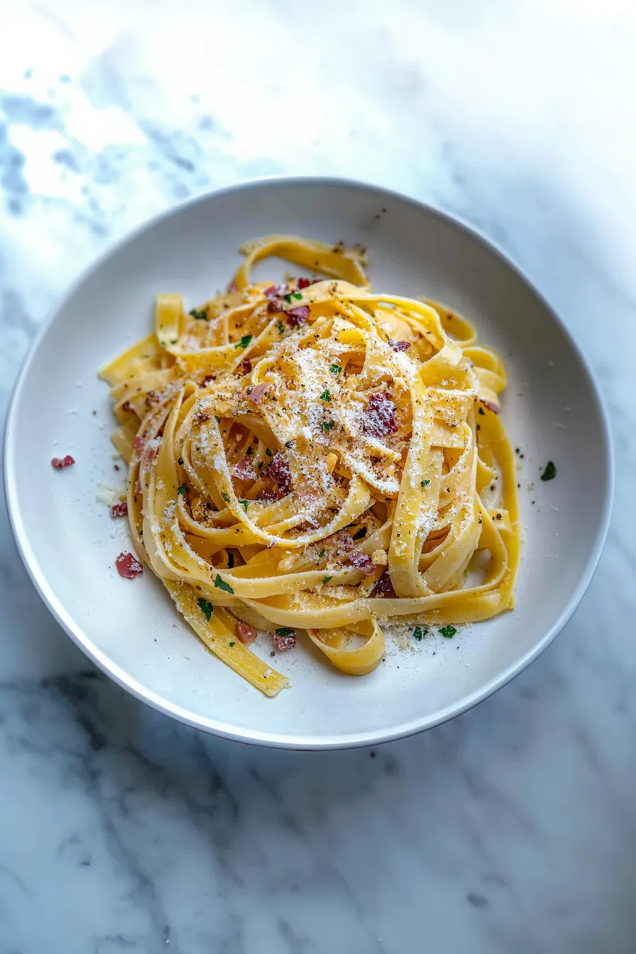 An elegant presentation of Fettuccine Aglio e Olio on a white plate, showcasing the simple and delicious ingredients.