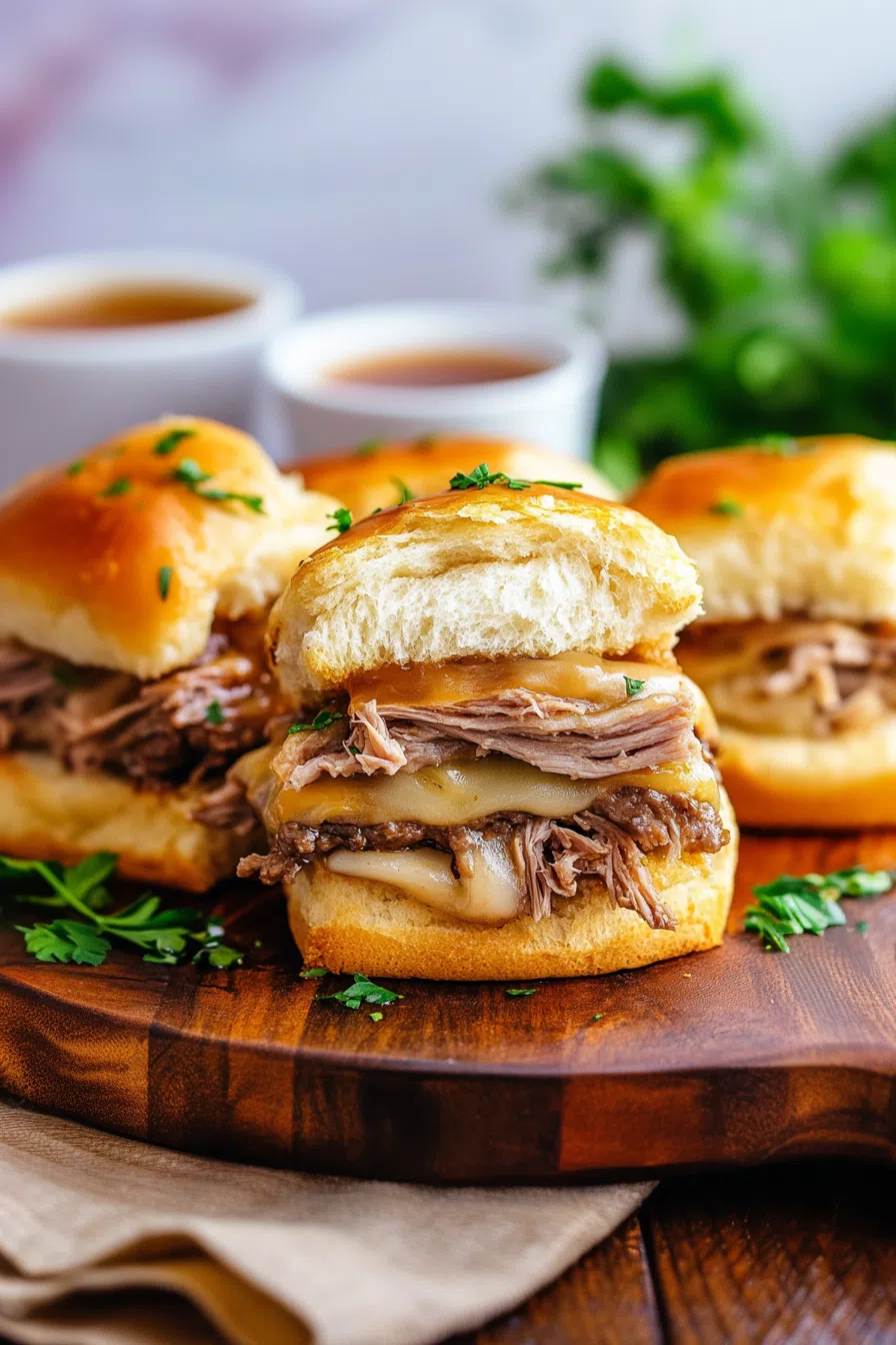 A plate of sliders arranged neatly, with a small bowl of dipping sauce.