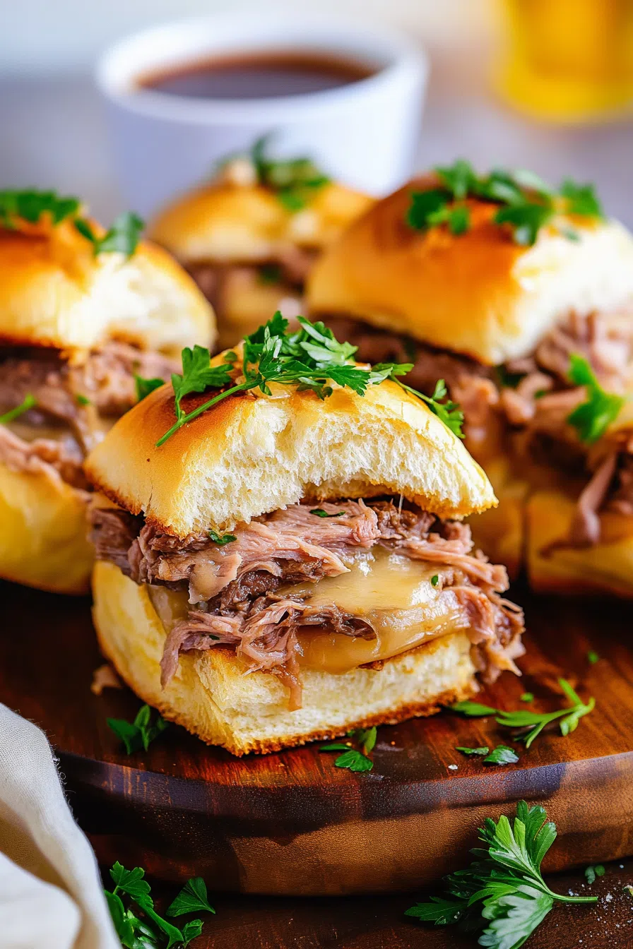 Juicy sliders with melted cheese, served on a toasted bun with a side of au jus.