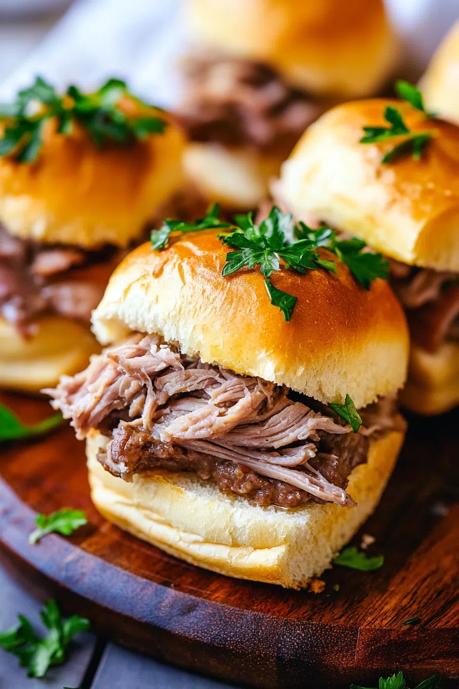 A serving of sliders with a crispy exterior and savory filling, displayed on a wooden cutting board.