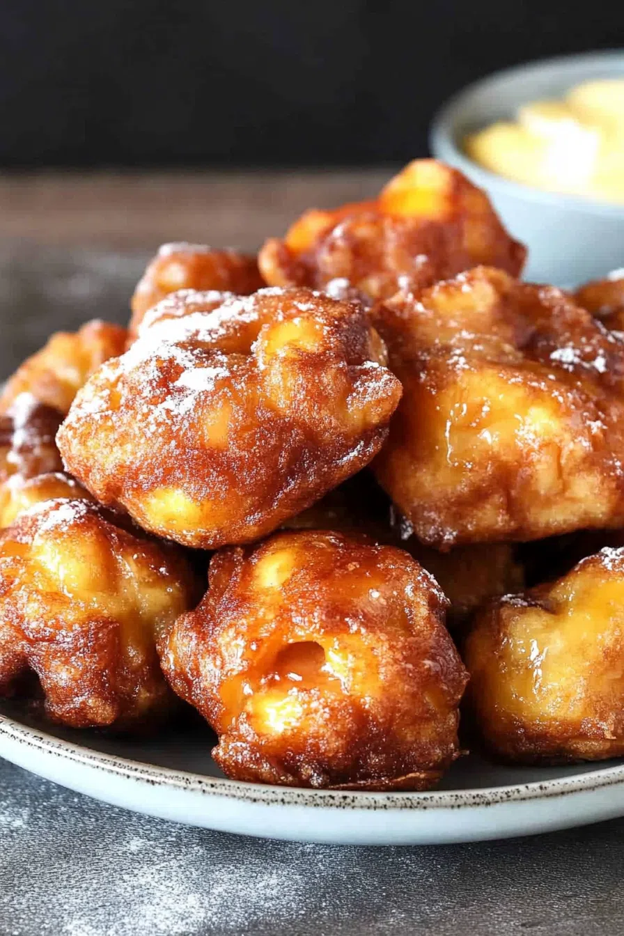 Close-up of golden-brown peach fritters with a light dusting of powdered sugar, displayed on a white plate.