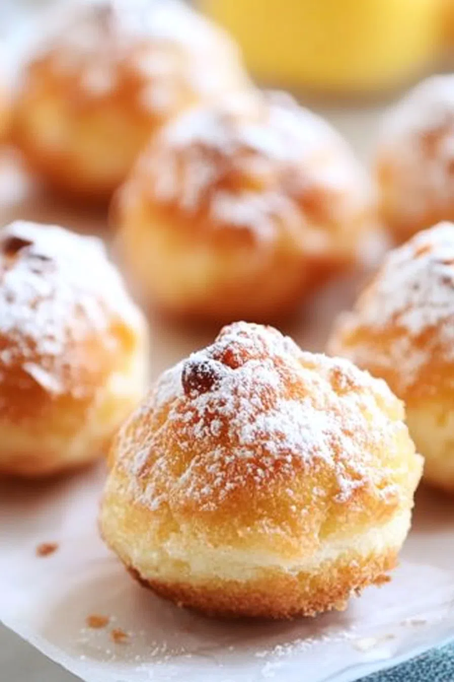 Close-up of golden funnel cake bites lightly dusted with powdered sugar on a parchment-lined surface.