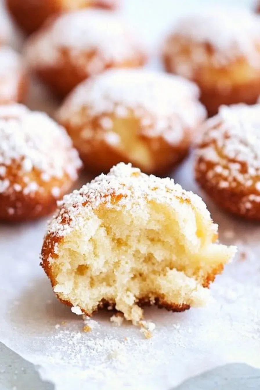 A single funnel cake bite with a bite taken out, showing the fluffy interior and crispy exterior.