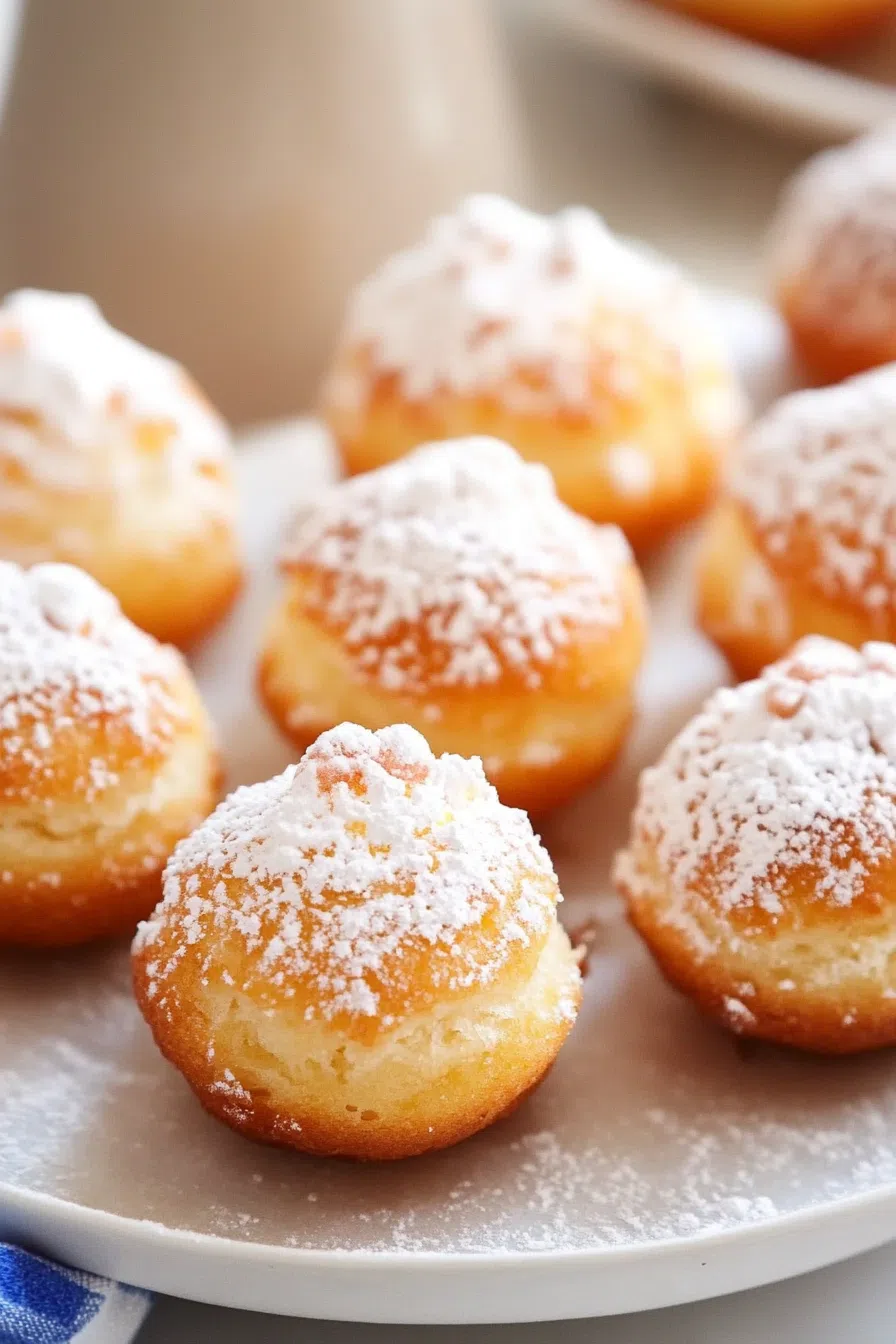 Golden funnel cake bites arranged neatly on a serving plate, perfect for a sweet snack or dessert.