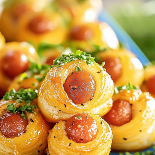 A close-up of a pig in a blanket, showcasing the flaky pastry wrapped around a mini sausage, with a glossy glaze.