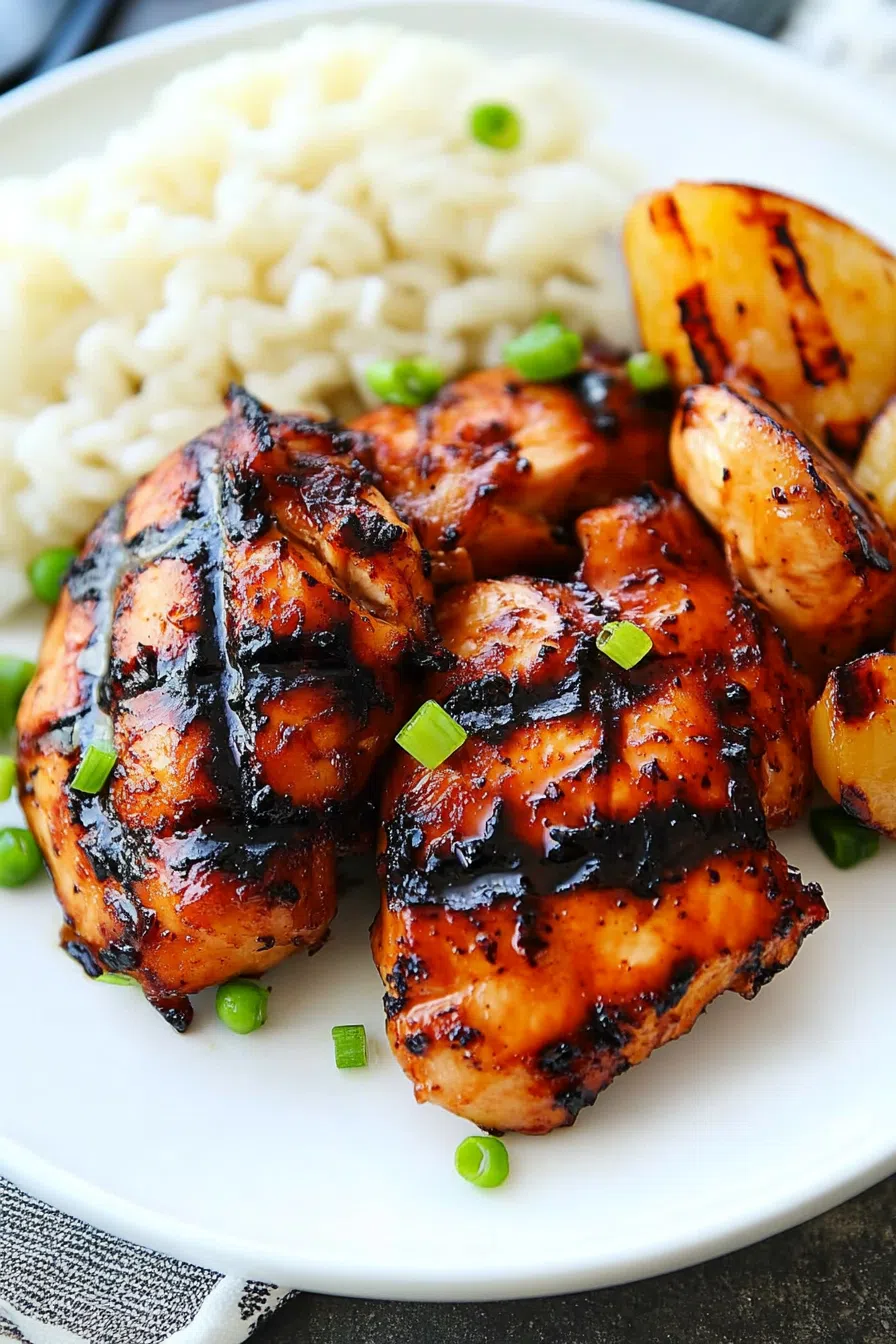 A close-up of juicy chicken pieces with caramelized edges, served with pineapple slices.