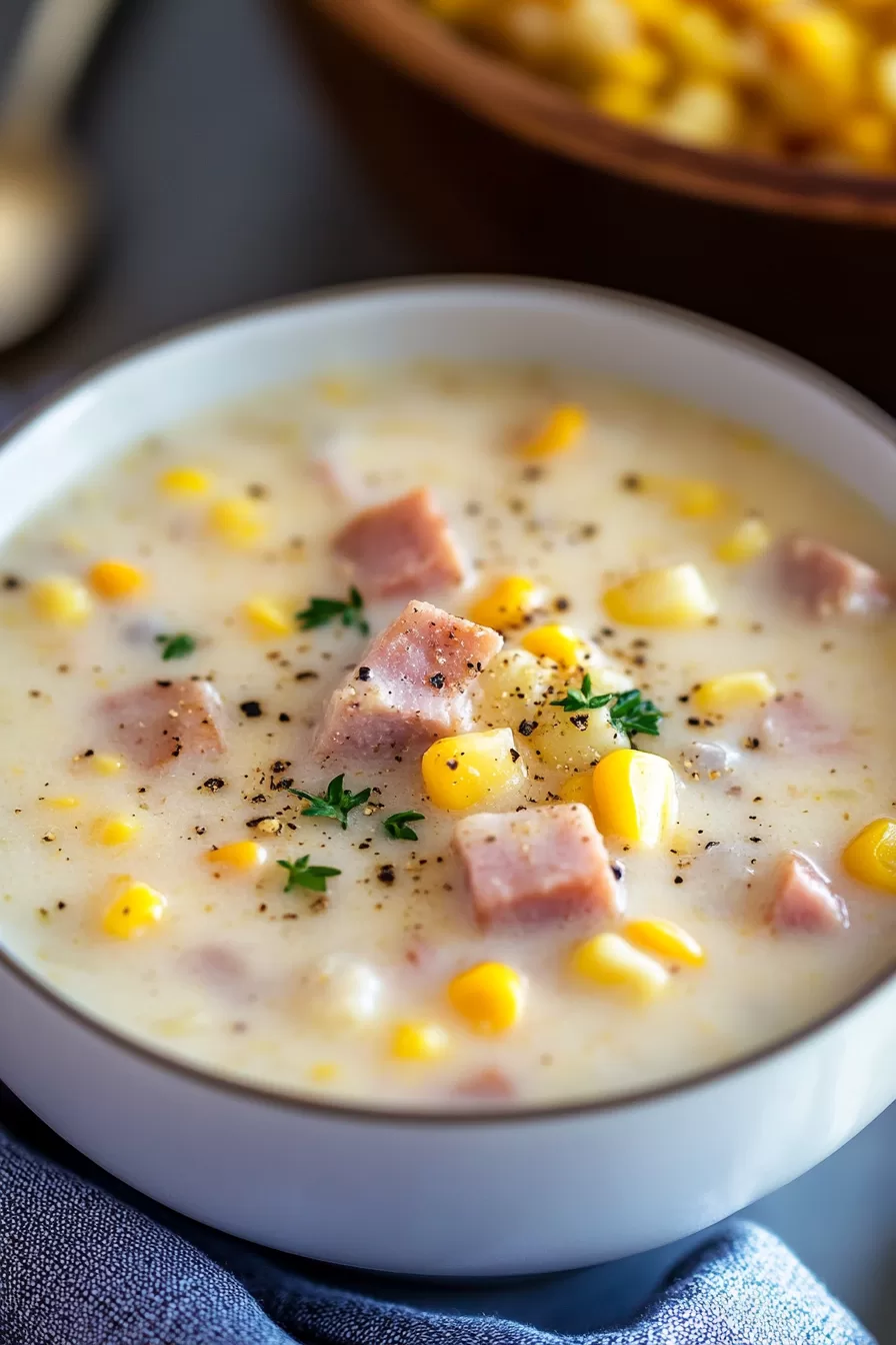 Close-up of creamy ham and corn chowder in a white bowl, garnished with fresh parsley and cracked black pepper for a cozy presentation.