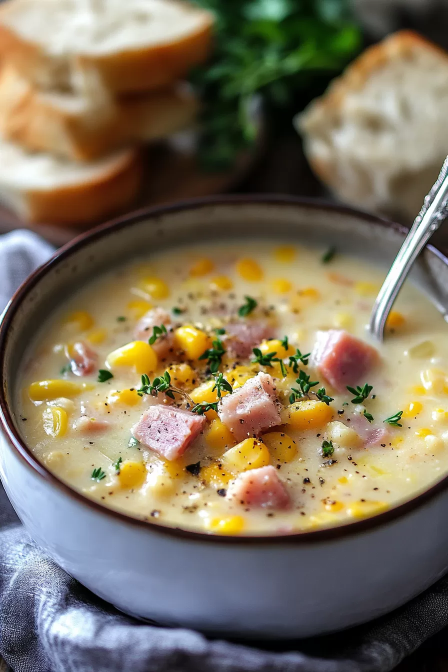 A hearty bowl of ham and corn chowder served with crusty bread, showcasing chunks of ham, tender corn kernels, and golden potatoes.