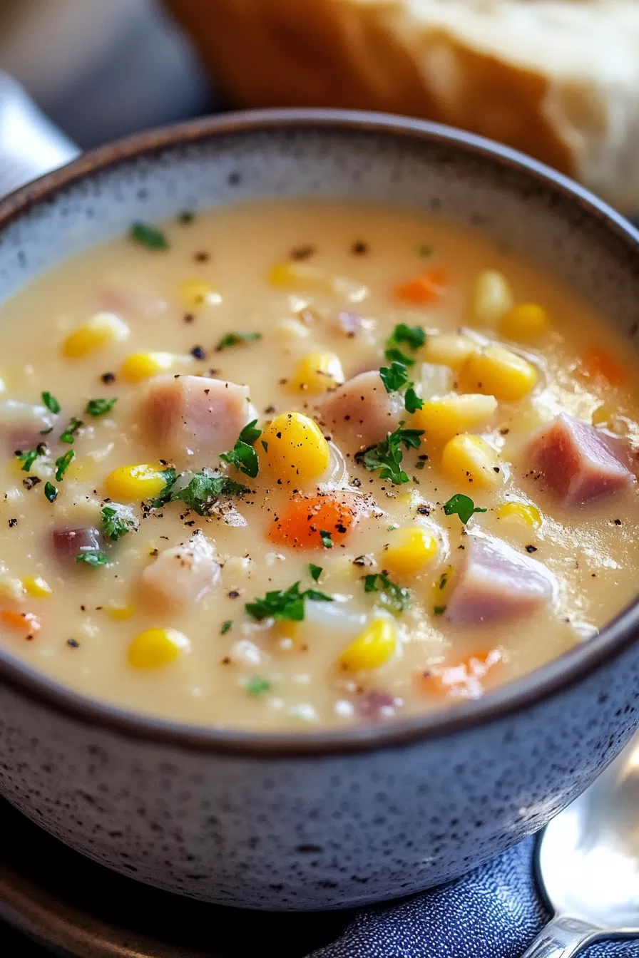 Warm and comforting ham and corn chowder topped with herbs and freshly ground pepper, served on a rustic table setting.