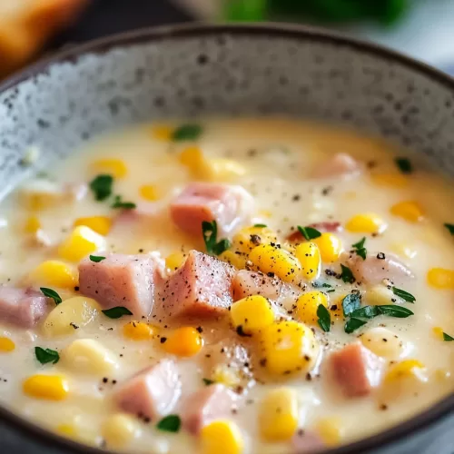 Thick and creamy chowder filled with ham, corn, and diced vegetables, garnished with fresh green parsley for a vibrant touch.