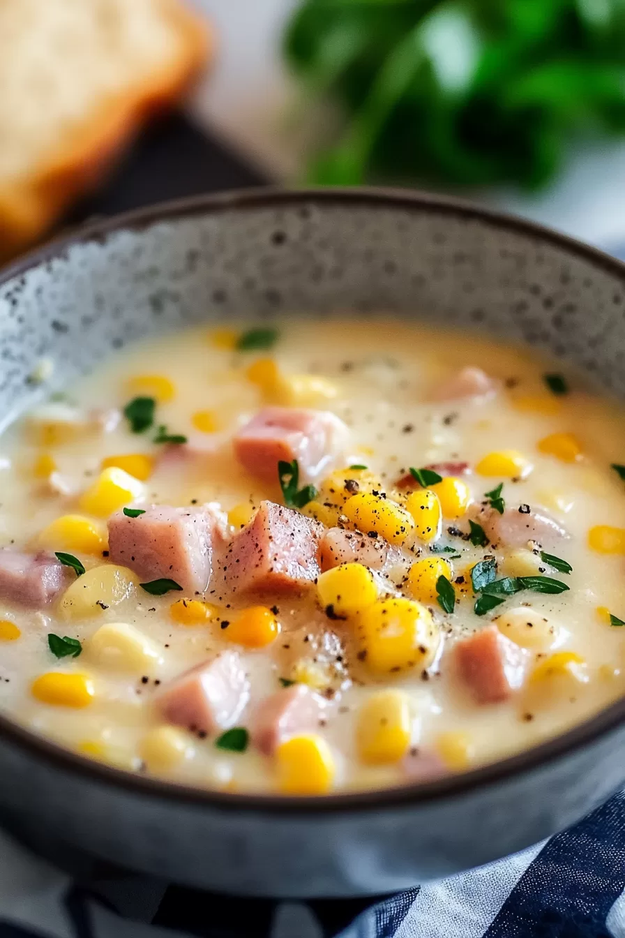 Thick and creamy chowder filled with ham, corn, and diced vegetables, garnished with fresh green parsley for a vibrant touch.