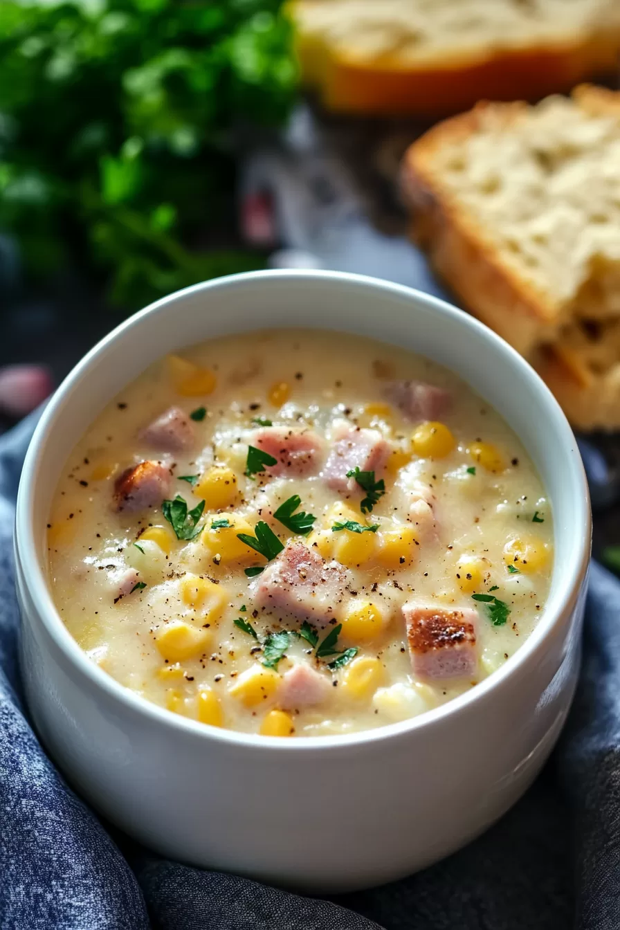 Ham and corn chowder in a bowl, surrounded by slices of bread and a sprinkle of herbs, with steam rising to highlight its warmth and richness.