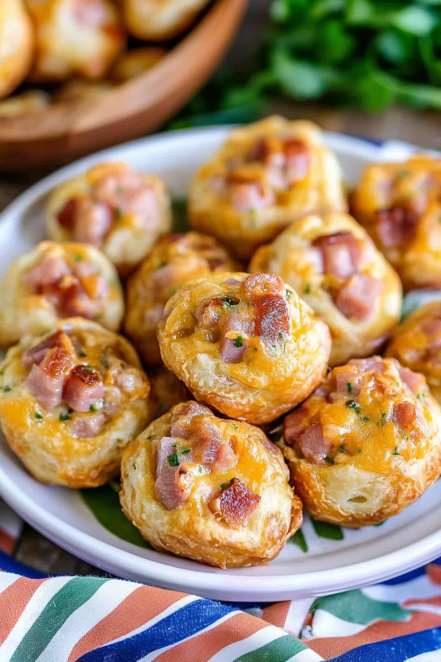 Close-up of a puff pastry filled with savory ham, highlighting its crispy exterior.