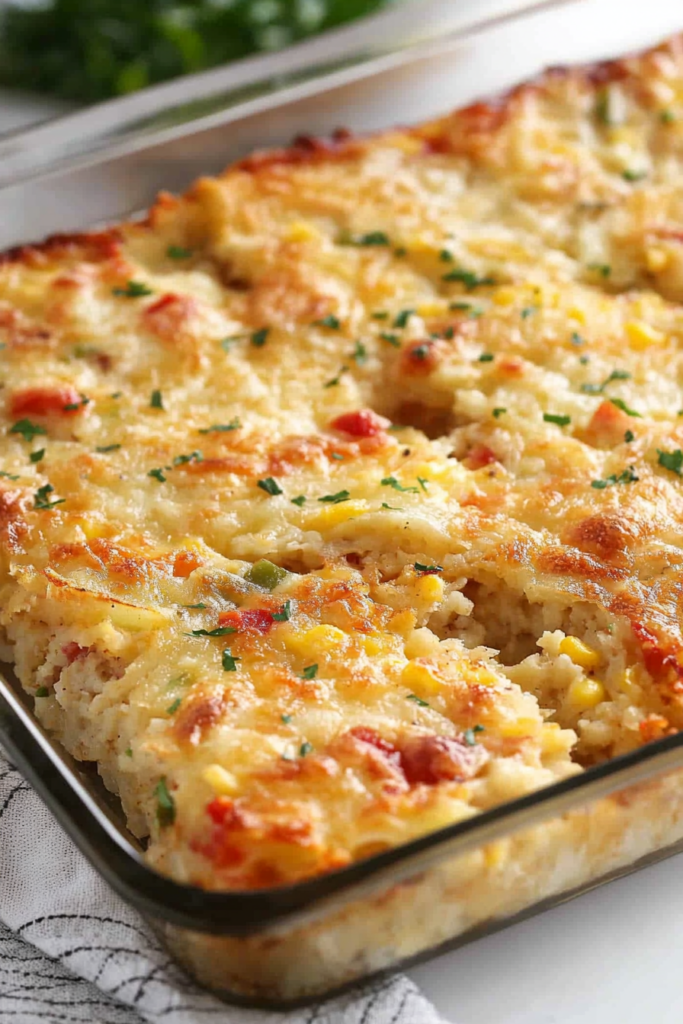 Close-up of the casserole showing layers of hashbrowns, cheese, and scrambled eggs.