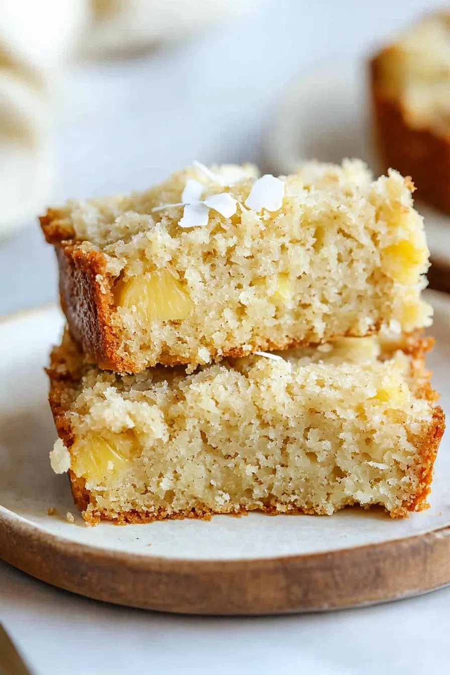 Two stacked slices of banana bread, showcasing the golden-brown crust and visible pineapple pieces inside.