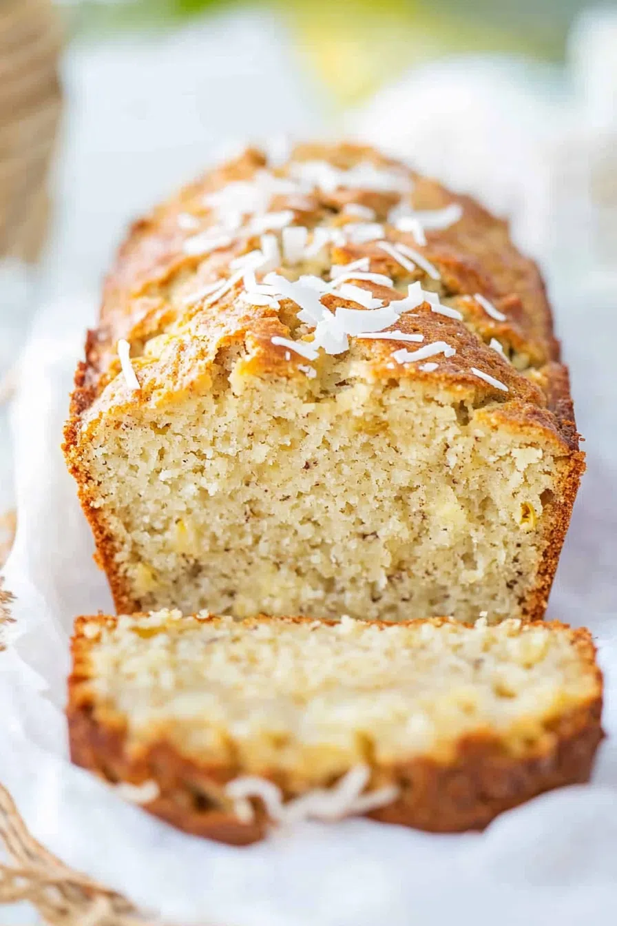Close-up of a moist slice of banana bread featuring chunks of pineapple and a sprinkle of shredded coconut.