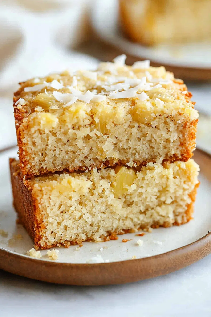 A plate with a slice of banana bread, capturing the moist texture and tropical flavors of coconut and pineapple.