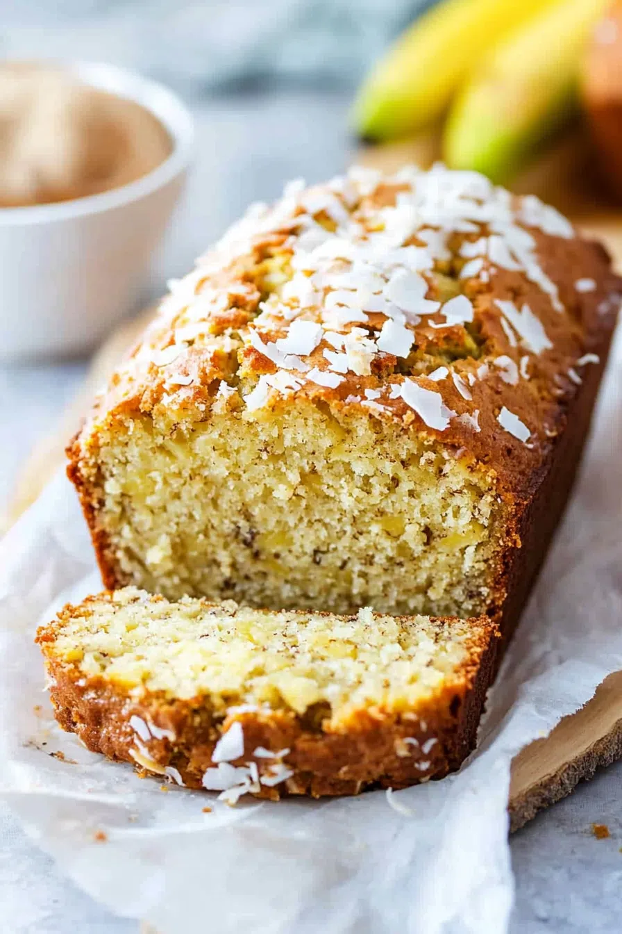 A beautifully presented loaf of banana bread with a tropical twist, garnished with coconut and ready to serve