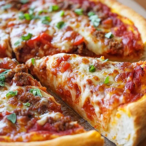 Close-up view of a slice of deep dish pizza, showcasing its thick crust and layers of cheese and toppings.