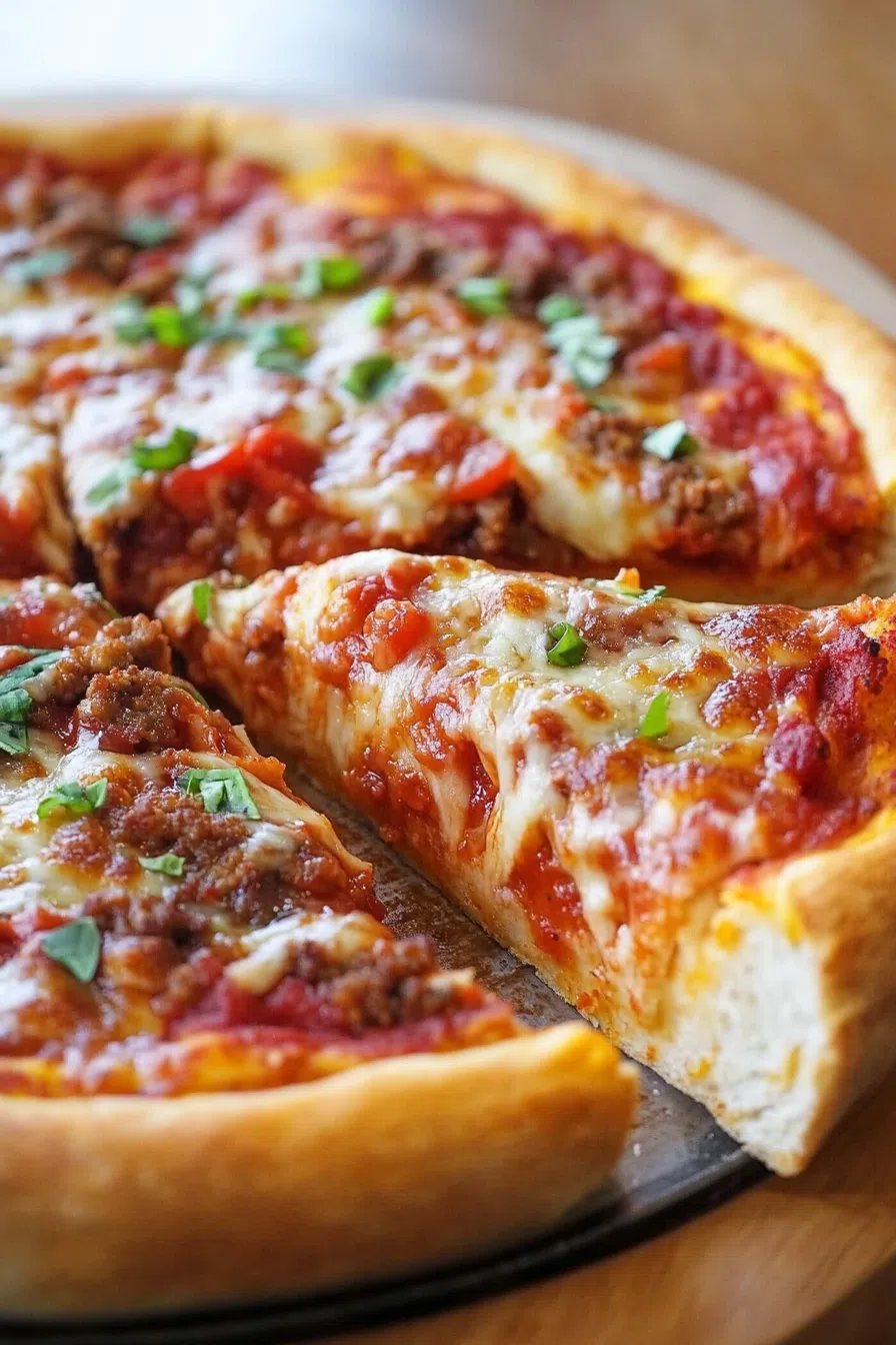 Close-up view of a slice of deep dish pizza, showcasing its thick crust and layers of cheese and toppings.