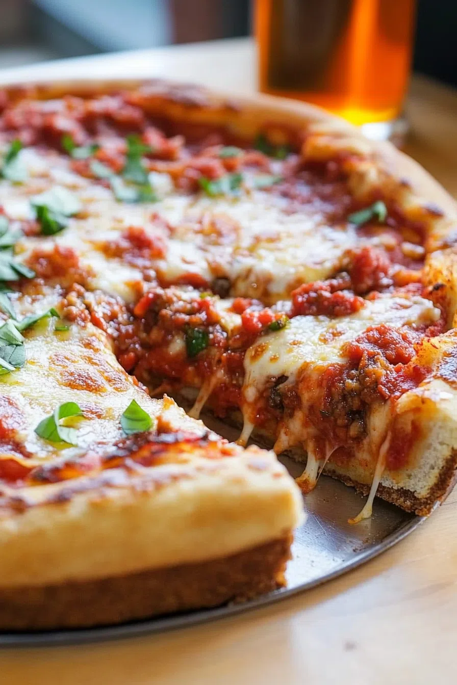 A single slice of pizza on a white plate, with visible layers of sauce, cheese, and toppings.