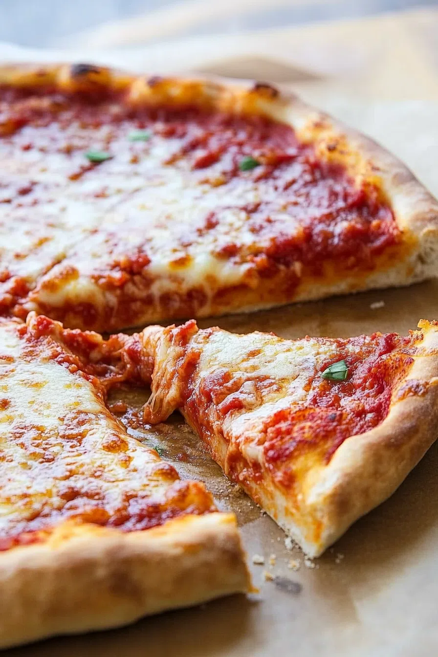 Artistic shot of the deep dish pizza with a blurred background, highlighting its golden-brown crust and gooey cheese.