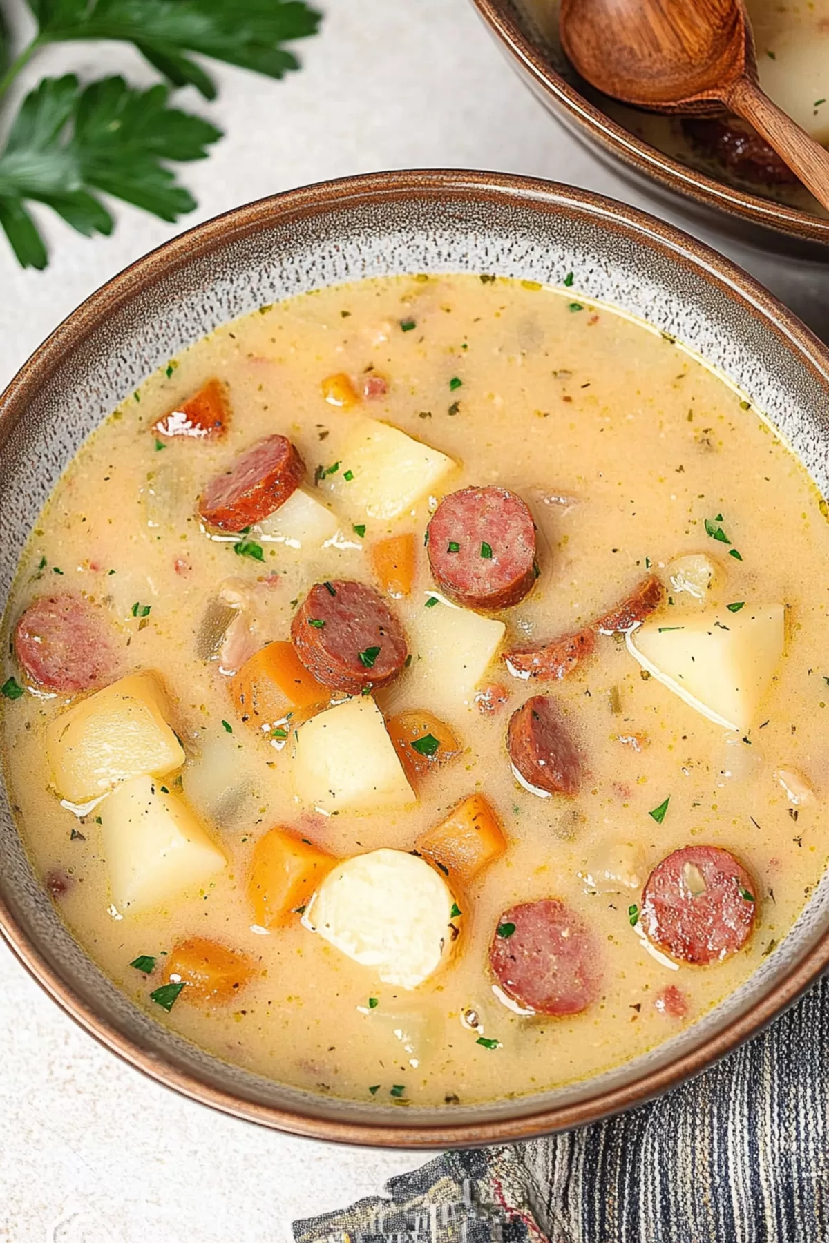 A steaming bowl of hearty soup with sliced sausage and tender potatoes.